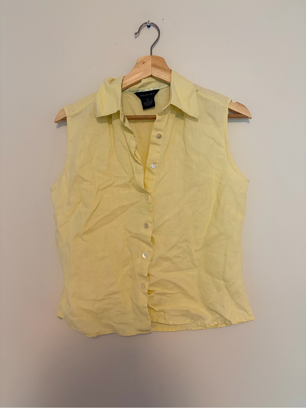 Mantles 100% Linen Sleeveless Button Front Shirt Yellow Buttons Size 12